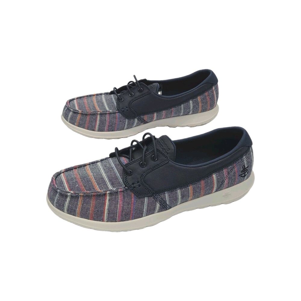 Skechers Boat Shoe Loafer Blue Stripe Women Sz 9.5 Slip-On Goga Mat Flat 16427
